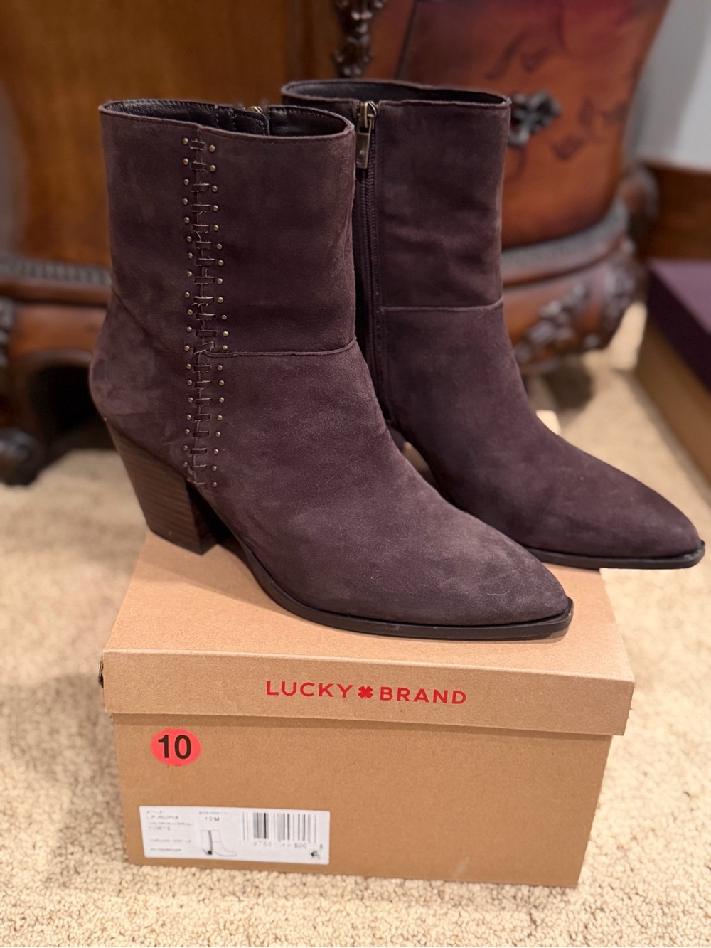 Lucky Brand Dark Brown Suede Pointed Toe Ankle Boots